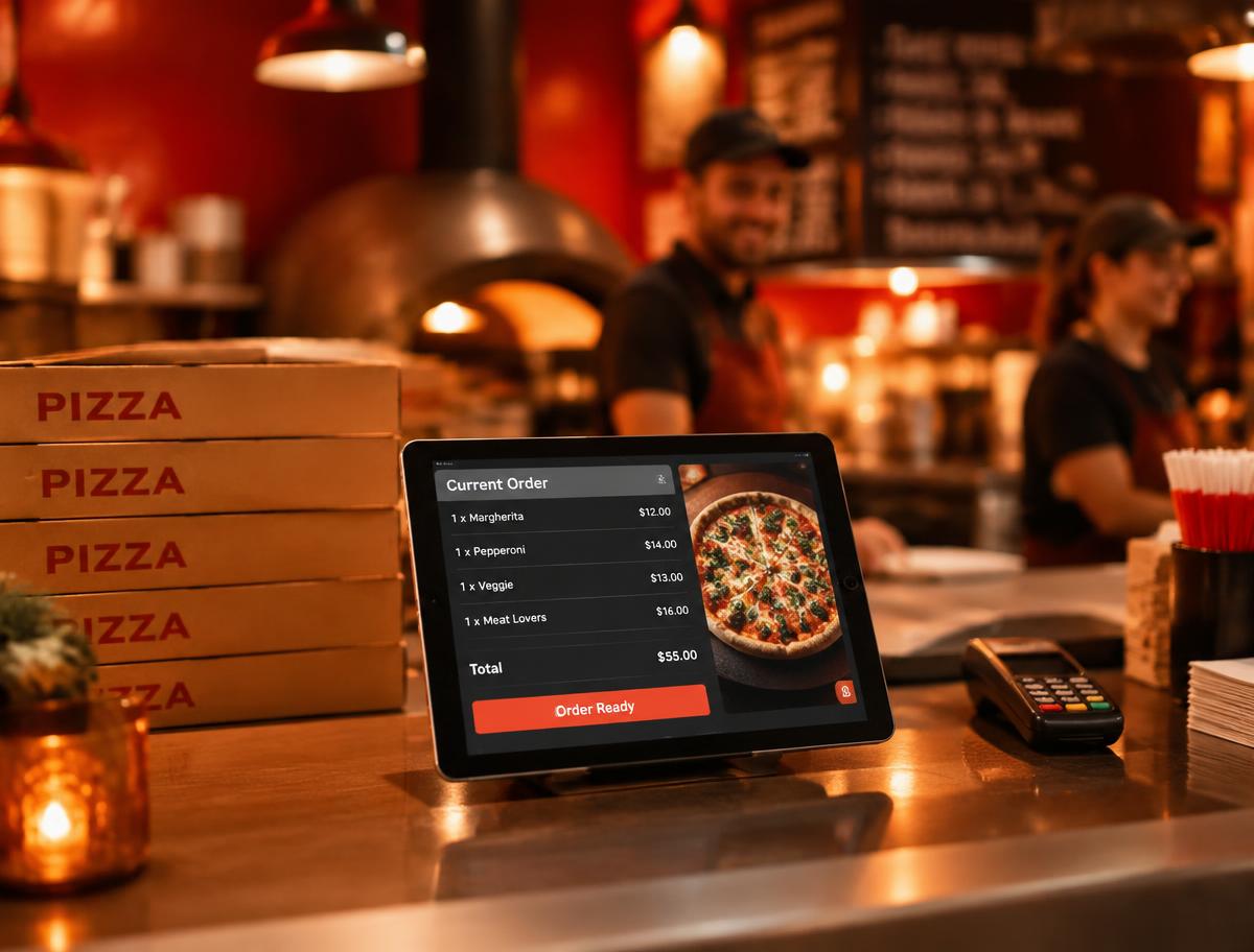 Balcão de pizzaria com tablet exibindo pedidos